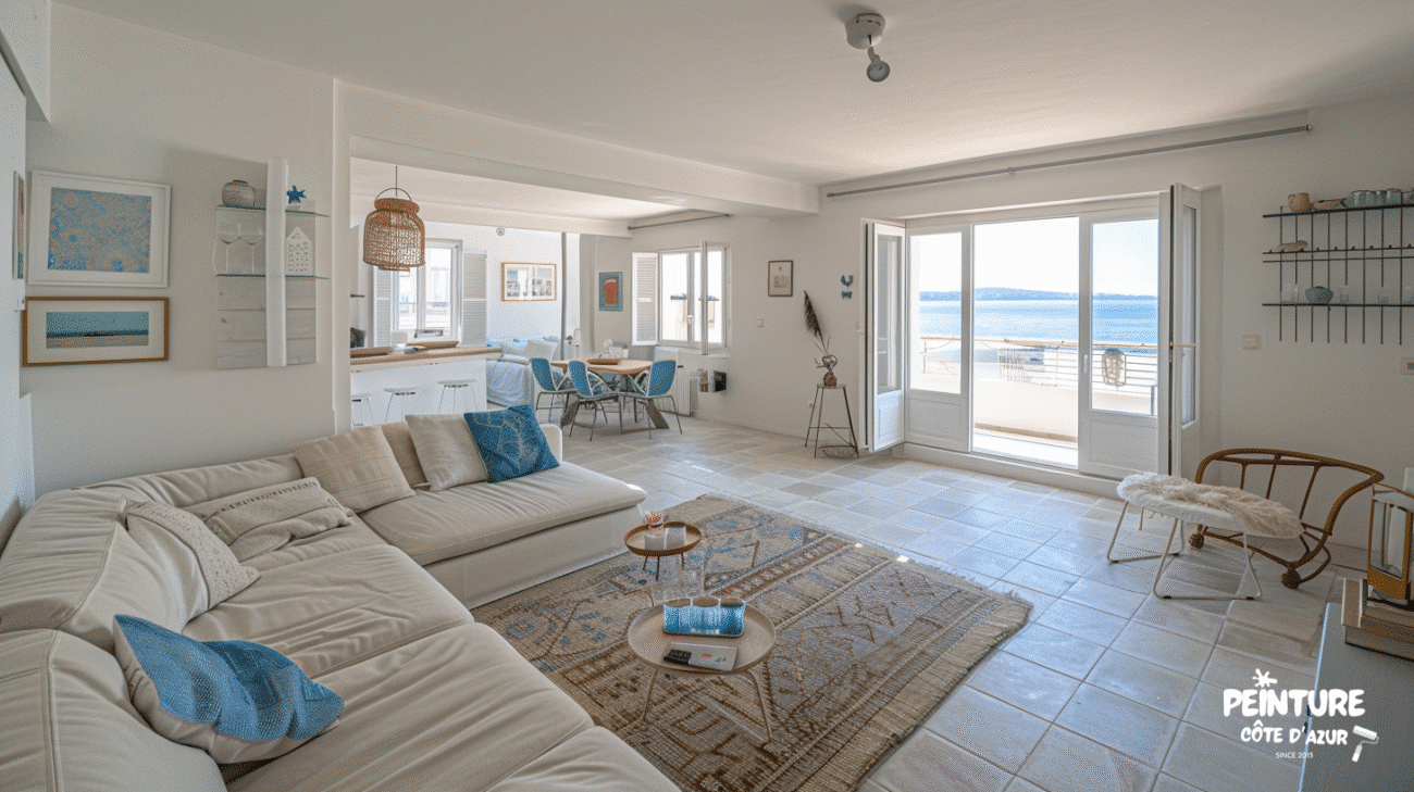 Peinture Côte d’Azur – rénovation du salon à Antibes (Appartement Cap d’Azur)