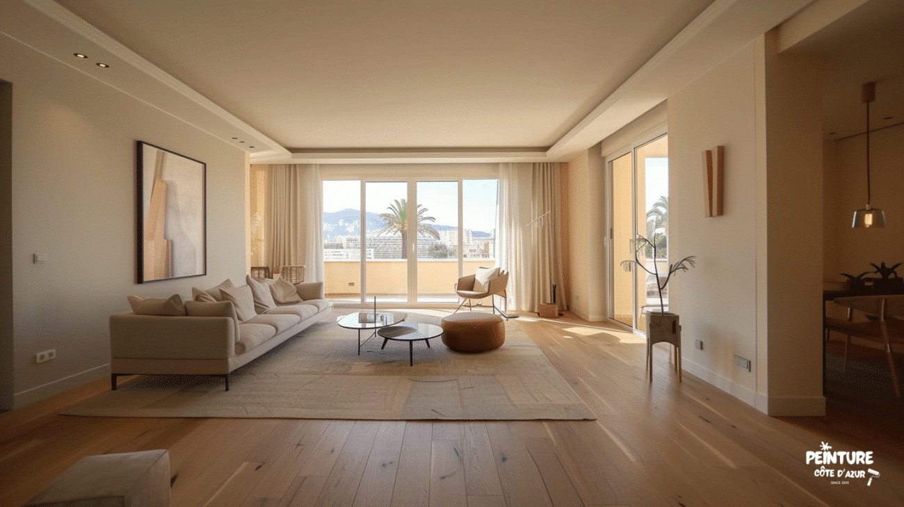 Peinture Côte d’Azur – rénovation du salon à Cannes (Appartement Palm View)