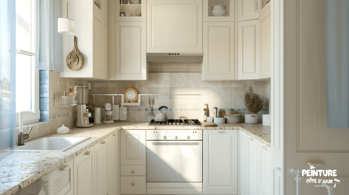 Peinture cuisine lumineuse rénovation appartement Antibes