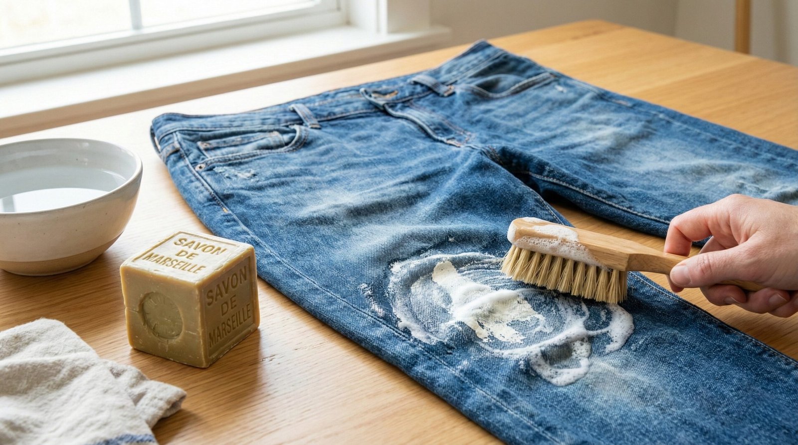 Nettoyage d'une tache de peinture sur un vêtement en jean avec une brosse